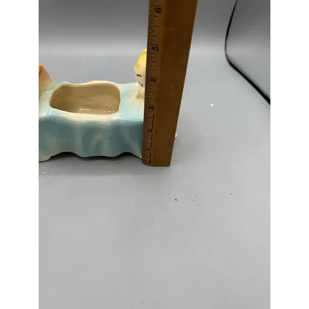 Vintage Praying Child Bed Planter Ceramic Nursery Blond Baby Blue Bed